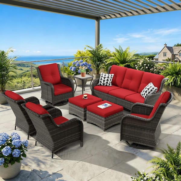 8-Piece Wicker Outdoor Patio Conversation Set with Red Cushions and Swivel Rocking Chairs