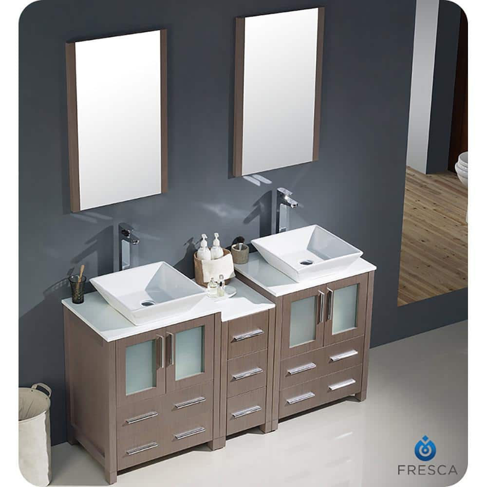Gray Oak 60" Double Vessel Sink Freestanding Vanity with Ceramic Top