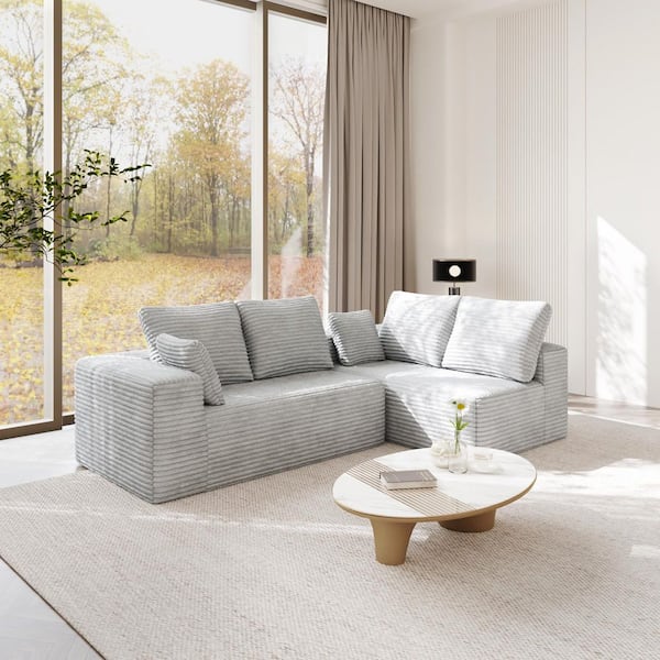 134 in. Square Arm 2-Piece Corduroy Fabric L-Shaped Modular Boneless Sectional Sofa with Pillows in. Gray