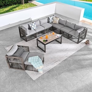 10-Piece Wicker Patio Conversation Sectional Seating Set with Gray Cushions