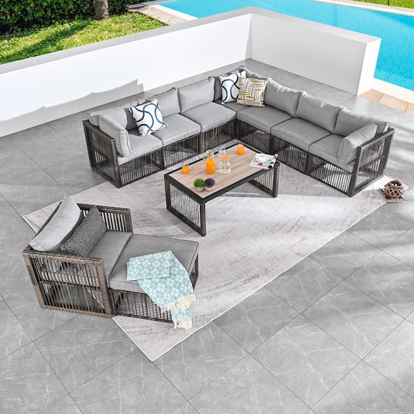 Patio Festival 10-Piece Wicker Patio Conversation Sectional Seating Set with Gray Cushions