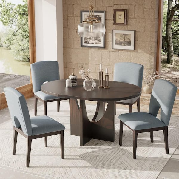 Espresso 5 Piece Extendable Round Wood Top Dining Table Set Seats 4