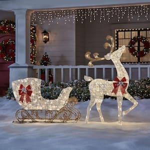 60 in. Warm White LED Super Bright PVC Deer with Sleigh Holiday Yard Sculpture