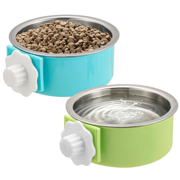 Unbranded 2 Pieces Removable Stainless Steel Pet Kennel Hanging Food Water Feeder Bowl Blue Green for Puppy Medium Dog Cat