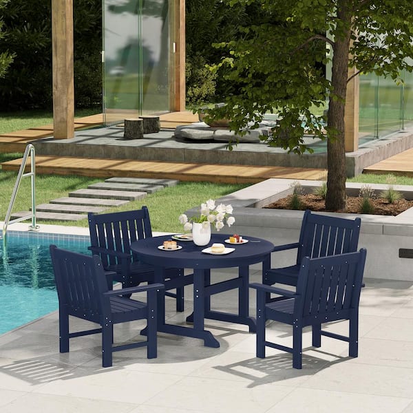 Laguna 5-PCOutdoor Patio Poly Plastic Fade Resistant Garden Arm Chair and Round Trestle Table Dining Set in Navy Blue