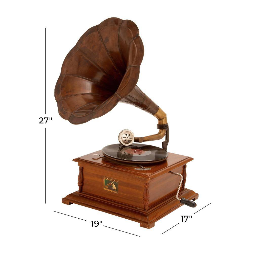 Vintage Brown Wood and Metal Gramophone with Record