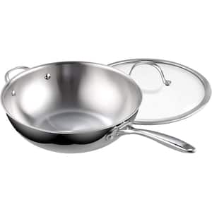 12 in. Multi-Ply Clad Stainless Steel Wok with Lid, Silver, Induction Compatible