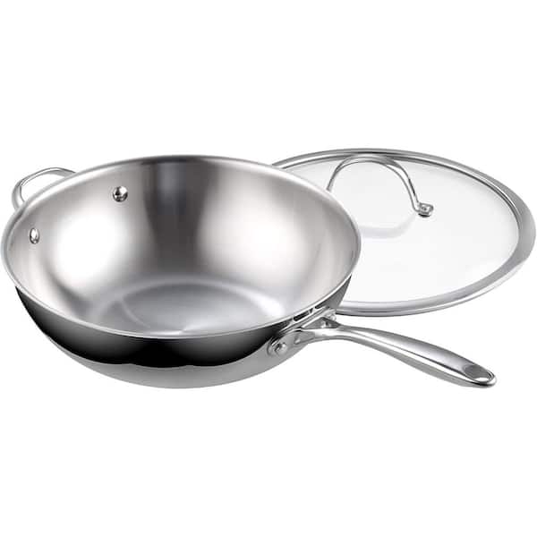 Cooks Standard 12 in. Multi-Ply Clad Stainless Steel Wok with Lid, Silver, Induction Compatible