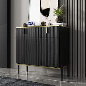 Black Wooden Accent Storage Cabinet, Sideboard with 2-Drawers, 2 Doors, 4 Doors and Vertical Wavy Front Surface