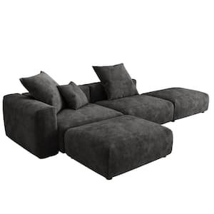 129.92 in. Square Arm 4-piece L Shaped Corduroy Sectional Sofa in. Black with Ottoman