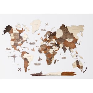 39 in. x 24 in. Brown, Beige Beige Wood World Map Hanging Dimensional Wall Art 1-Piece