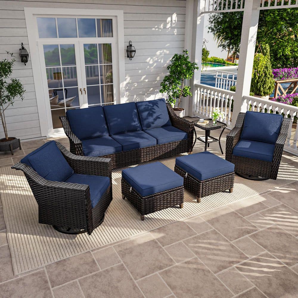 6-Piece Brown Wicker Patio Conversation Set Outdoor Sofa Seating Set with Thick Blue Cushions and Side Table price history on PriceWatchPro