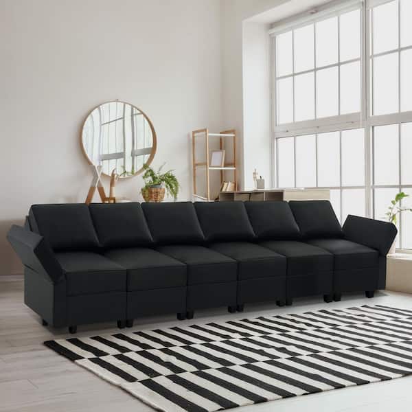 MAYKOOSH 164.38 in. Square Arm 7-Piece Faux Leather U-Shaped Sectional Sofa in. Black with Modular Design and Streamlined Comfort