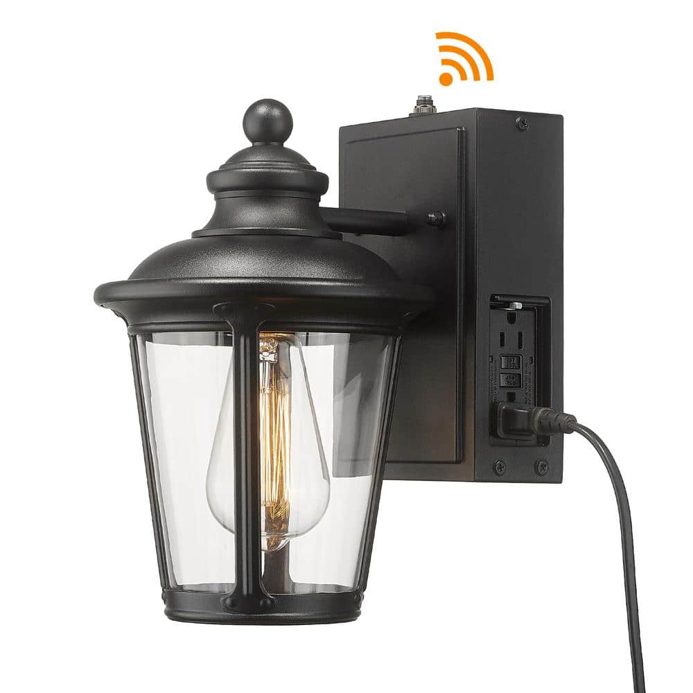 JAZAVA Black Motion Sensing Dusk to Dawn Outdoor Hardwired Built-in GFCI  Outlet Wall Lantern Scone with No Bulbs Included HDZW51B-PC-G BK - The Home  