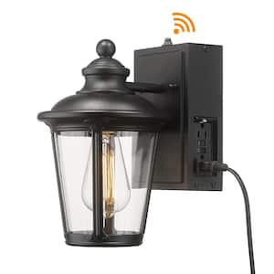 Black Motion Sensing Dusk to Dawn Outdoor Hardwired Built-in GFCI Outlet Wall Lantern Scone with No Bulbs Included