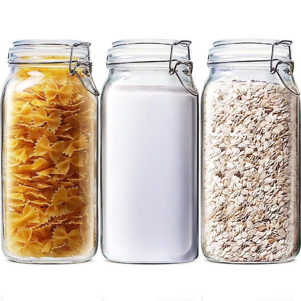 3-Piece Glass Food Storage Jar Set with Airtight Clamp Lid Wide Mouth Canister for Flour Sugar Cereal Rice Pasta