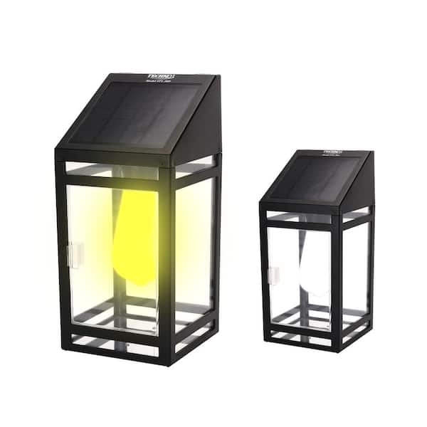 TECHKO Outdoor Solar Wall Lantern Black Dusk to Dawn Outdoor Solar Wall Mount Sconce with Yellow/White Integrated LED Bulb