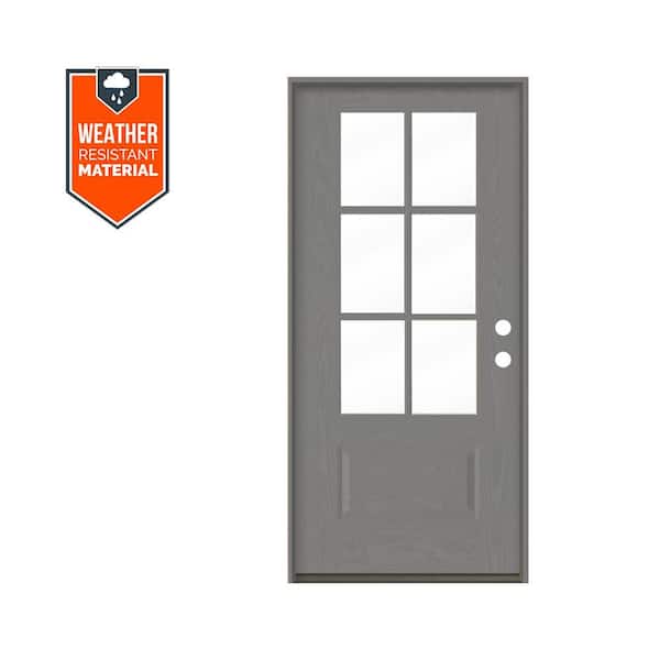 Krosswood Doors 36 in. x 79 in. Farmhouse Clear Glass Window Left-Hand/Inswing Grey MG Stain Woodlook Fiberglass Prehung Front Door