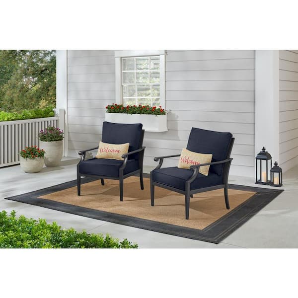 Hampton Bay Braxton Park Black Steel Outdoor Patio Lounge Chair with CushionGuard Midnight Navy Blue Cushions (2-Pack)