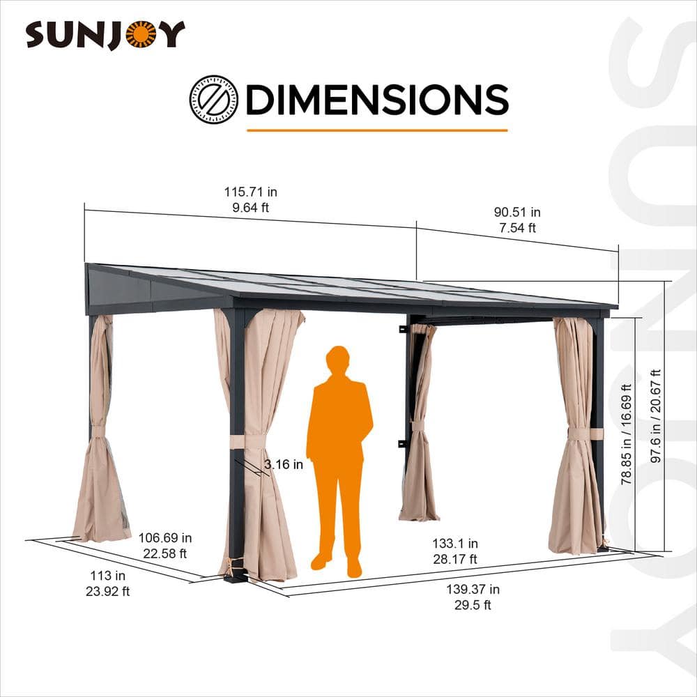 Sunjoy 10 x 12 ft Black Aluminum Wall-Mounted Gazebo with Curtains