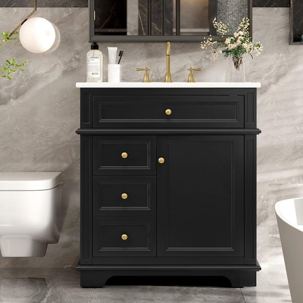 30 in. Freestanding Black Bath Vanity with White Ceramic Top and 4 Drawers Bathroom Storage Cabinet Unassembled