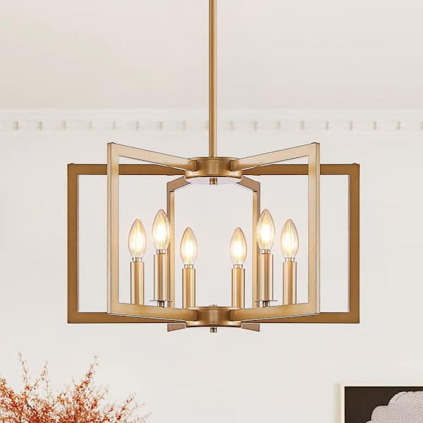 6-Light Golden Geometric Pendant Light, Adjustable Hanging Lights Industrial Chandelier for Dining Room, Kitchen