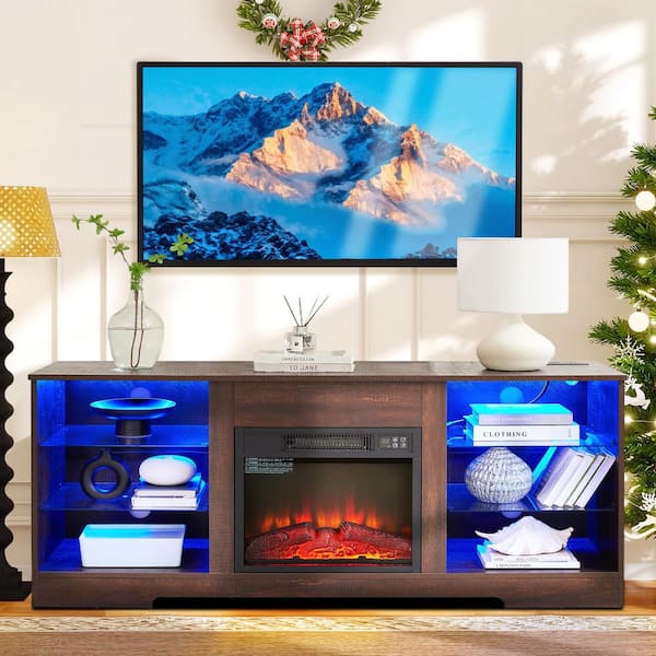 58 in. Freestanding TV Stand, with 18 in Electric Fireplace, LED Lights USB Charging Outlet Glass Shelves Espresso Brown