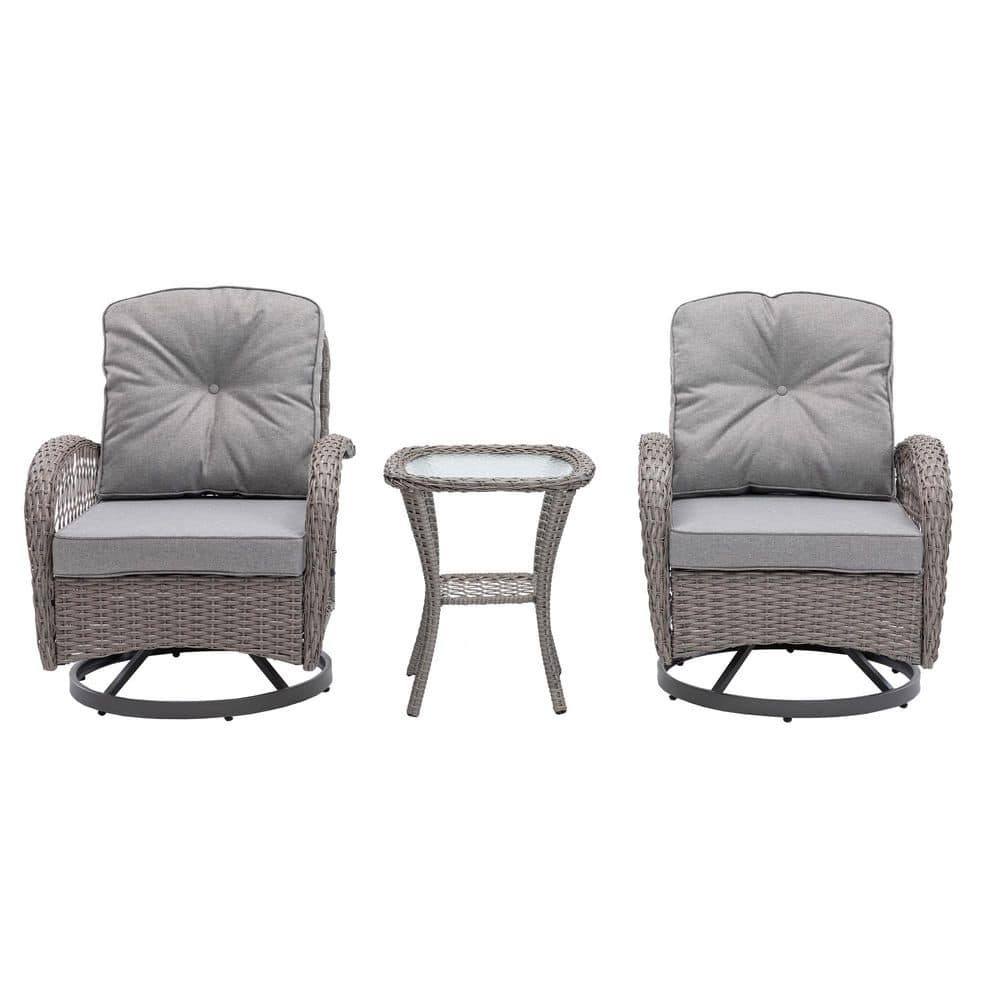3-Piece Wicker Outdoor Patio Swivel Outdoor Rocking Chair Set with Gray Thi
