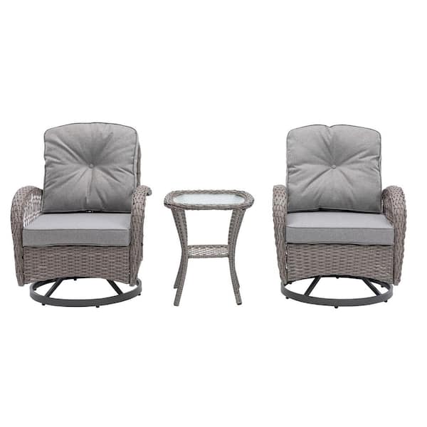 Unbranded 3-Piece Wicker Outdoor Patio Swivel Outdoor Rocking Chair Set with Gray Thickened Cushions and Glass Table for Backyard