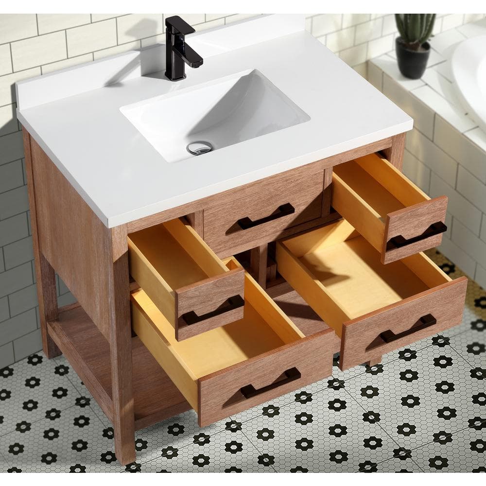 Weathered Brown 36" Solid Wood Farmhouse Vanity with Quartz Top