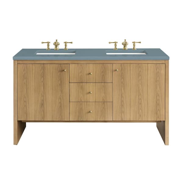James Martin Vanities Hudson 60.0 in. W x 23.5 in. D x 34.2 in. H Bathroom Vanity in Light Oak with Cala Blue Quartz Top