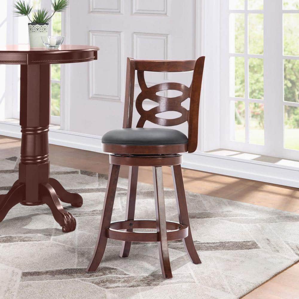 Cherry Swivel Wood Counter Stool with Leather Seat, 24"