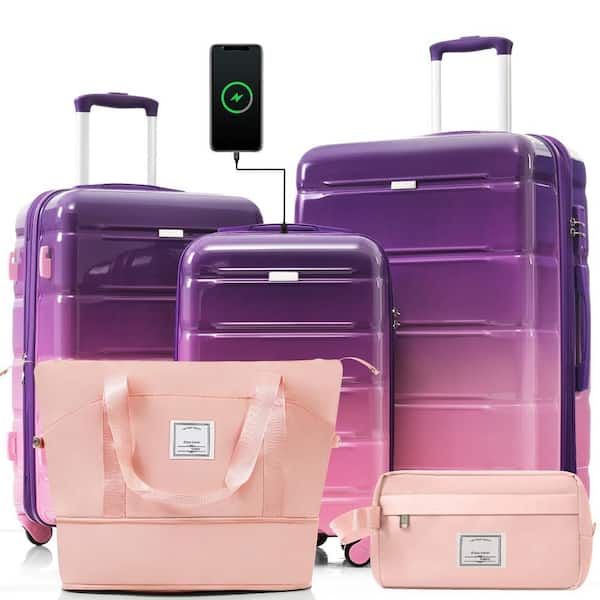 5-Piece Purple and Pink ABS Durable Luggage Set with 2 Travel Bags and USB Port