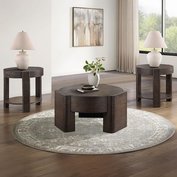 Salina 32 in. Brown Round Wood Coffee Table and 2 End Tables
