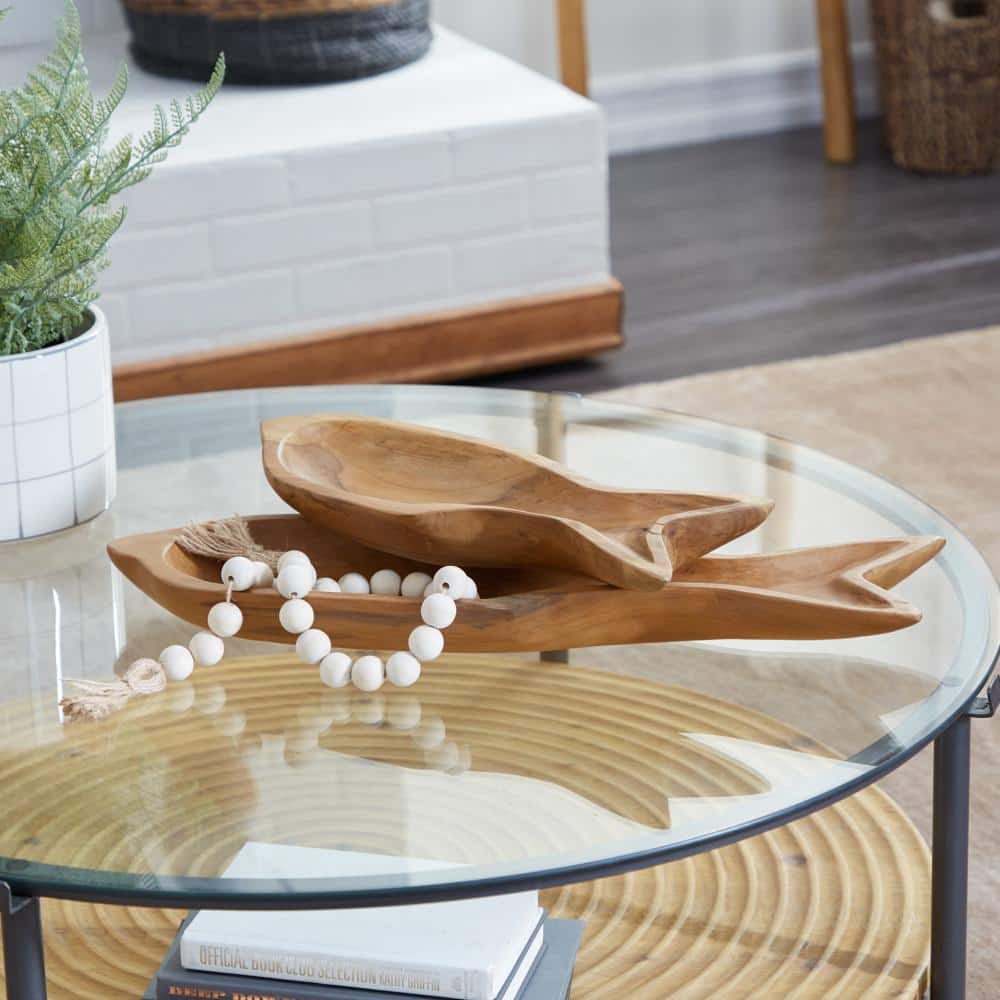Natural Brown Teak Wood Fish Shaped Decorative Tray Set
