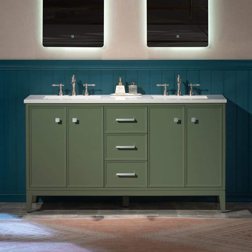 61 in. W x 22 in. D Double Ceramic Sink Freestanding Bath Vanity in Green with Carrara White Engineered Stone Vanity Top price history on PriceWatchPro