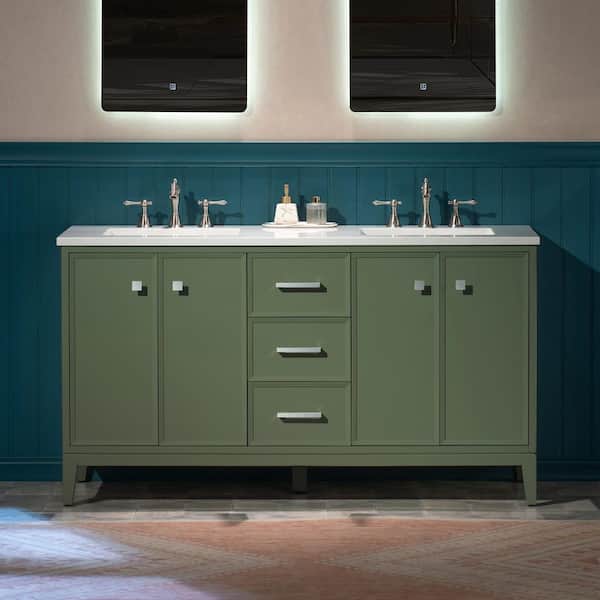 61 in. W x 22 in. D Double Ceramic Sink Freestanding Bath Vanity in Green with Carrara White Engineered Stone Vanity Top