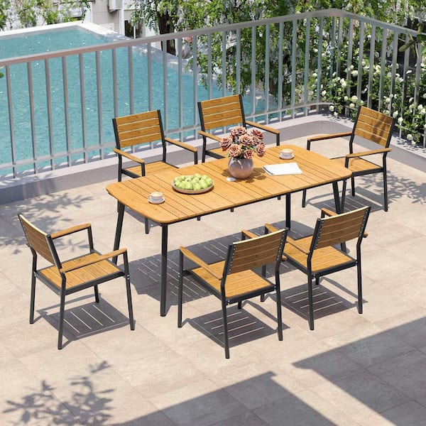 Pellebant 7-Piece Aluminum Metal Rectangle Outdoor Dining Set in Brown ...