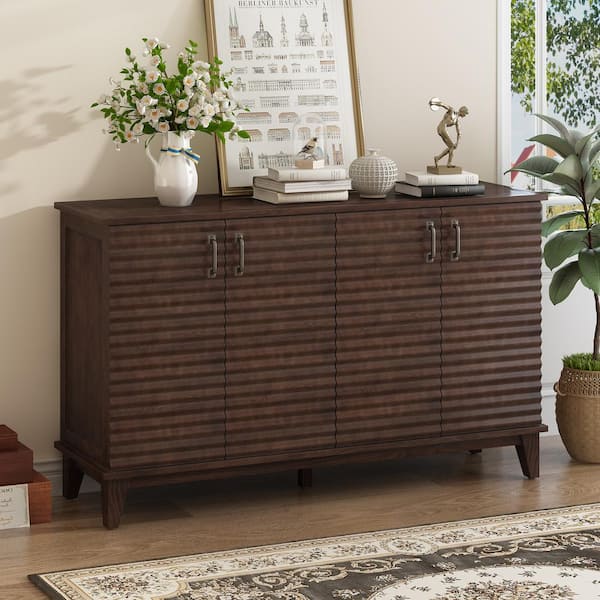 Harper & Bright Designs Retro-style Espresso MDF Top 60 in. Sideboard with 4-Door, Adjustable Shelves and Metal Handles