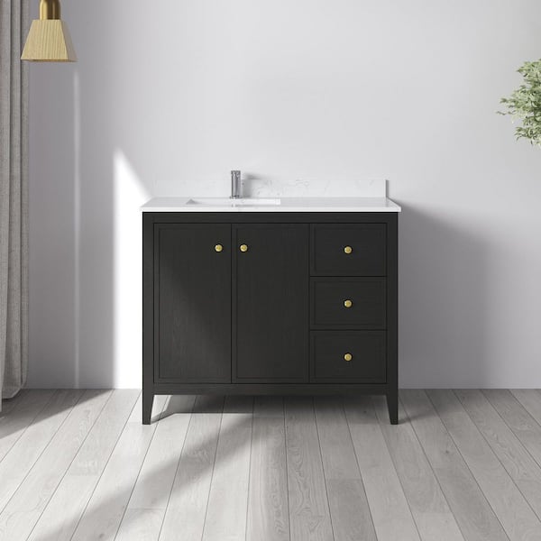 Fluctus 42 in. W x 22 in. D x 35 in. H Single Sink Freestanding Bath Vanity in Black Oak w/Calacatta Cultured Marble Top
