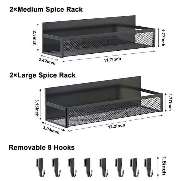 Magnetic Spice Rack Shelf with Moveable 8 Hooks for Refrigerator Kitchen Organization and Storage, Black (4-Pack)