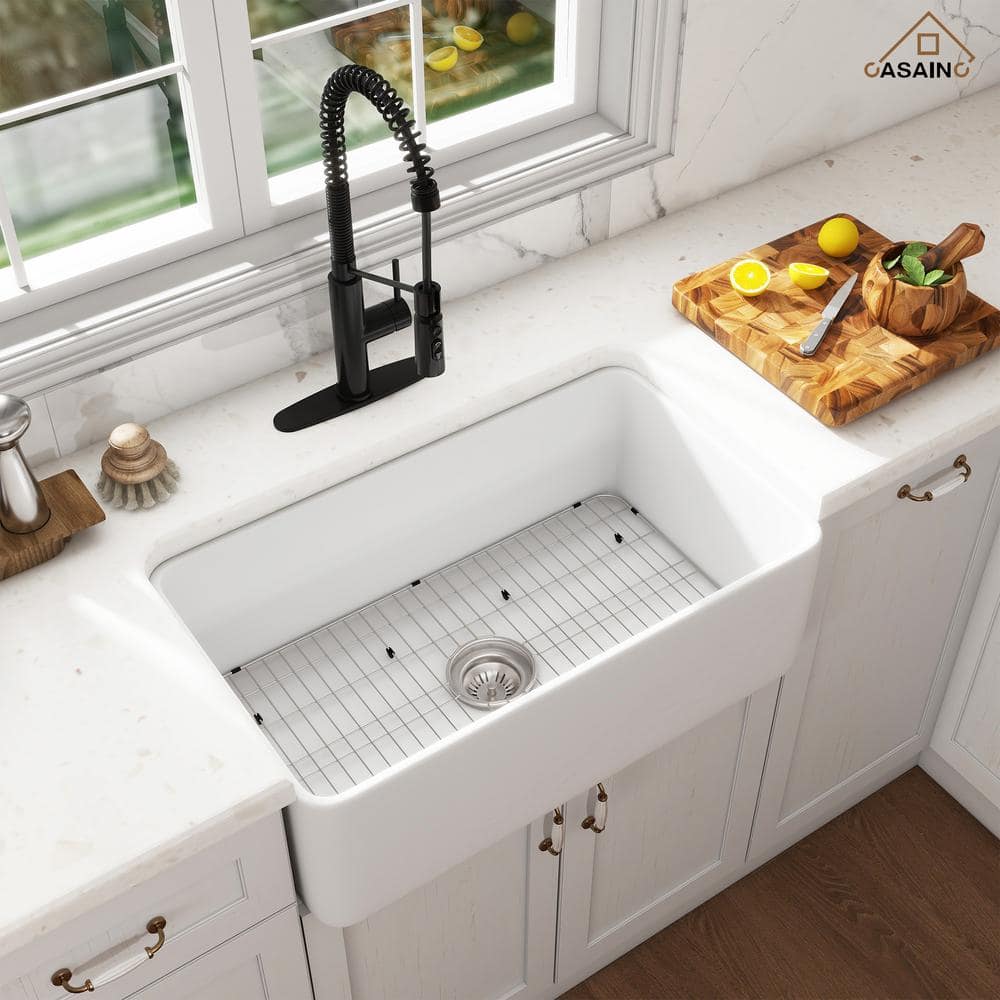White Fireclay Farmhouse Kitchen Sink with Matte Black Faucet