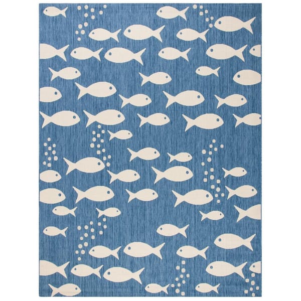 SAFAVIEH Courtyard Blue/Beige 8 ft. x 10 ft. Novelty Fish Indoor/Outdoor Patio  Area Rug