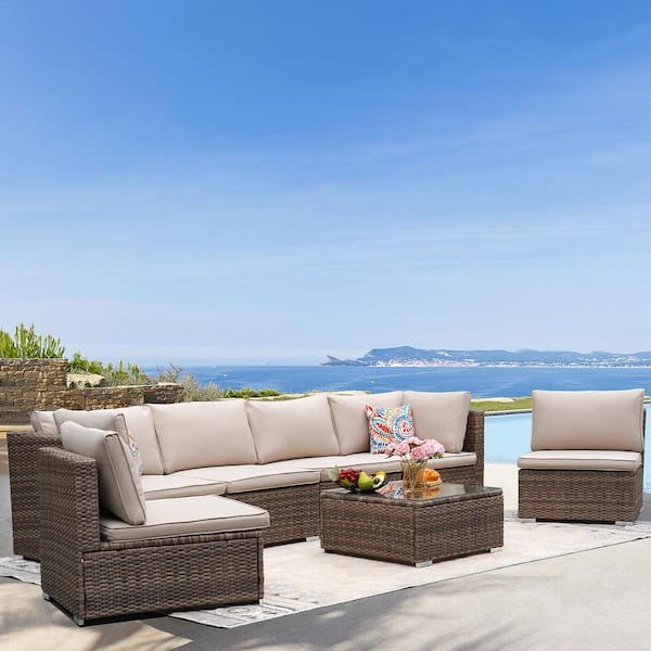 Unbranded 7-Piece Brown Wicker Patio Conversation Set with Cushions