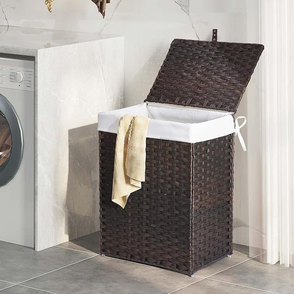 90L Rattan Laundry Basket Hamper with 2 Removable Liner Bags Brown
