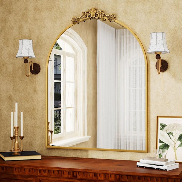 XRAMFY Gold 30 in. W x 40 in. H Modern Arched Carved Aluminum Alloy Framed Decoration Wall Mirror