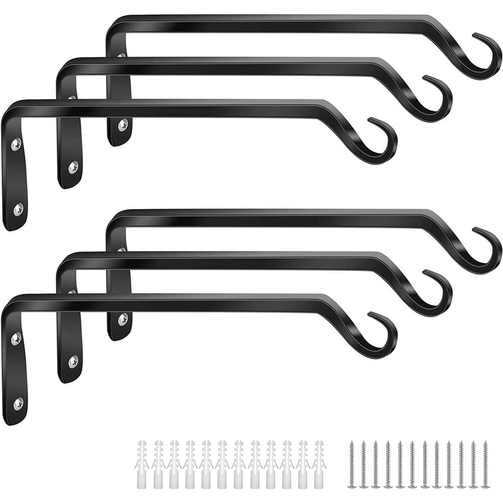 Garden 10 Plant Hanger Bracket - Forged Wrought Iron Powder-Coated Heavy-Duty Wall Hook (6-pack)