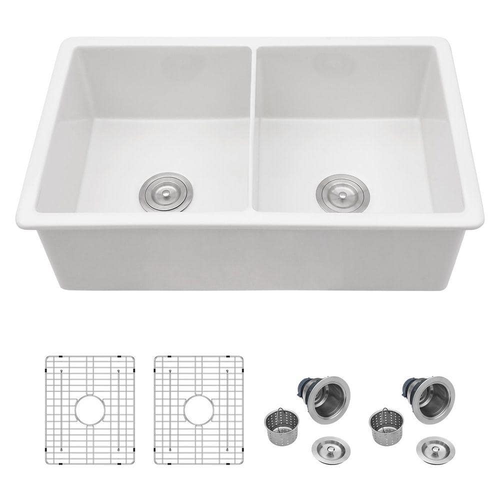 Sarlai 32 in. Undermount 50/50 Double Bowl White Porcelain Ceramic