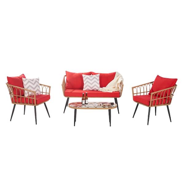 BTMWAY 4-Piece PE Wicker Patio Conversation Set with Red Cushions, Outdoor Patio Furniture Set with Coffee Table