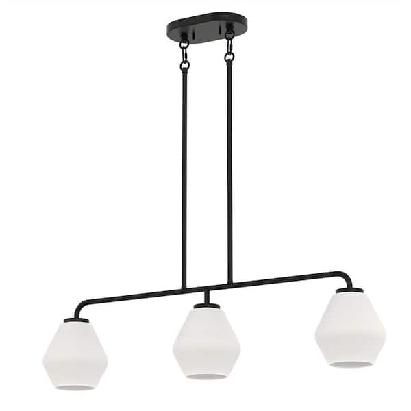 YANSUN 32 in. Modern 3-Light Indoor Island Pendant Light, Black with Glass Shade for Bar, Dining Room, and Kitchen Island